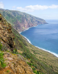 Scenic view of sea and mountains against sky