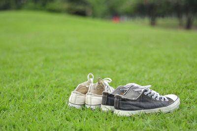 Close-up of shoes on field