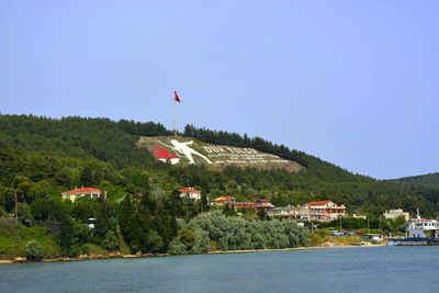 Scenic view of river amidst buildings against clear blue sky