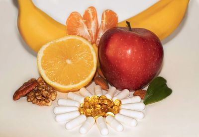 High angle view of fruits in plate on table