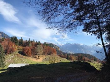 Scenic view of mountains against sky during autumn