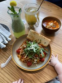 High angle view of food served on table