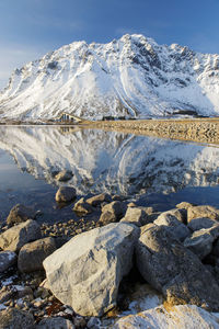 Scenic view of snowcapped mountains against sky