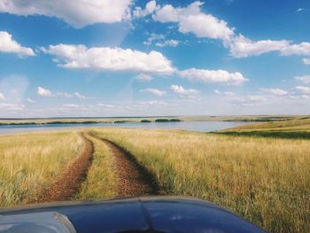 Cropped image of car on grassy field by lake against sky