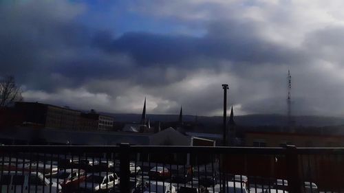 High angle view of city against cloudy sky