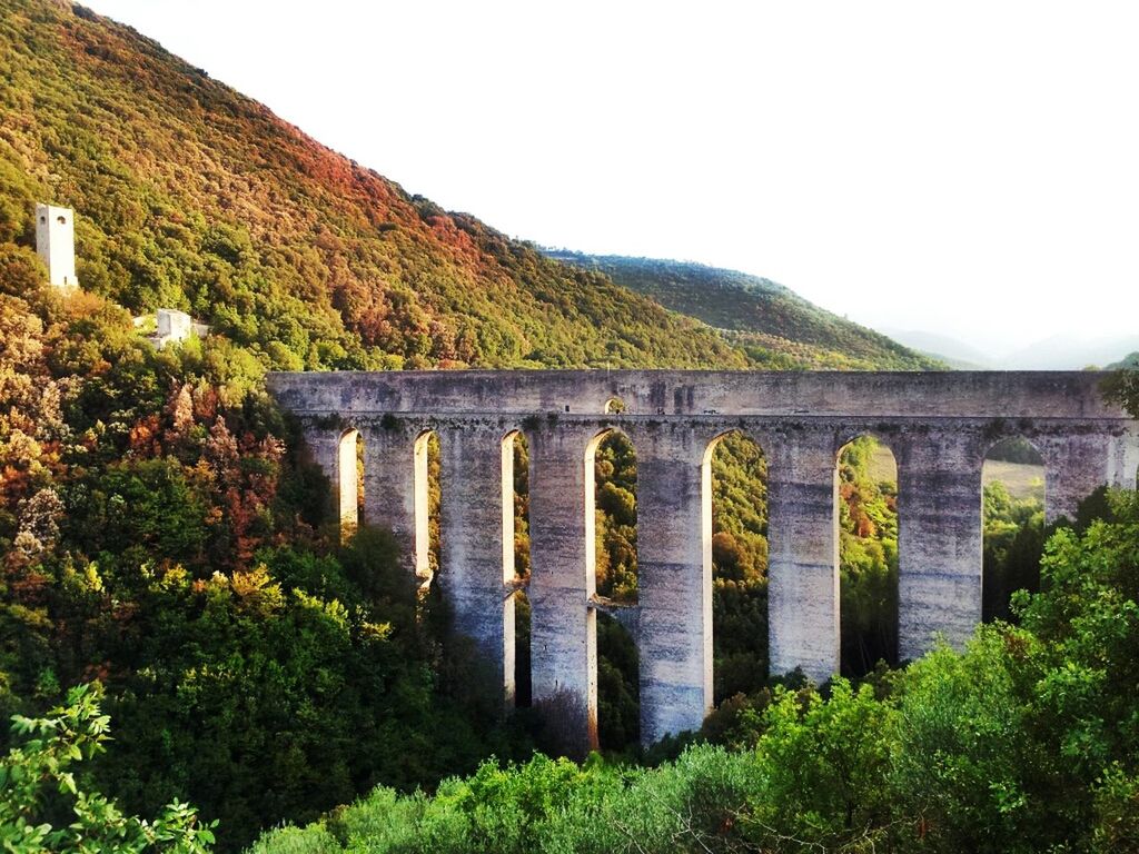 mountain, built structure, architecture, tree, bridge - man made structure, connection, clear sky, history, tranquility, famous place, travel destinations, nature, railing, tourism, plant, tranquil scene, scenics, travel, mountain range, international landmark