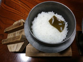 High angle view of food on wood