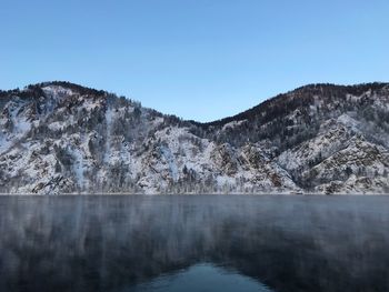 Scenic view of lake and mountains against clear blue sky