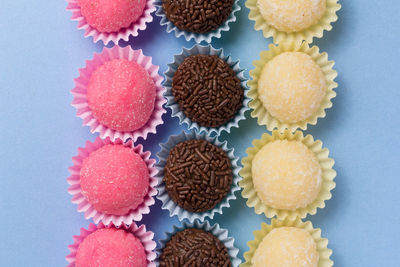 High angle view of cupcakes on table