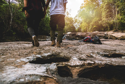 Low section of people on rocks in forest