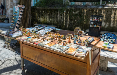 High angle view of various box on table