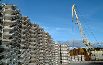 Low angle view of stack against sky
