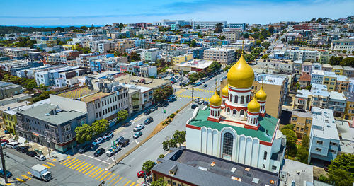 High angle view of buildings in city