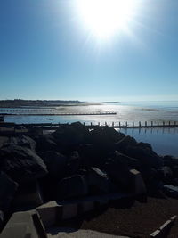 Scenic view of sea against clear sky on sunny day