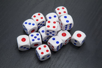 High angle view of dice on table