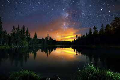 Scenic view of lake against sky at night