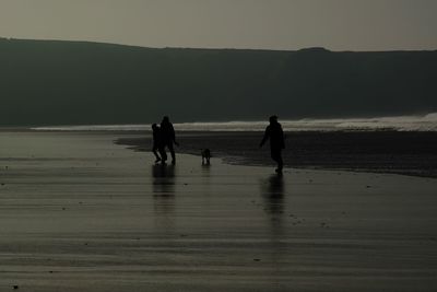 Silhouette people walking on beach against sky