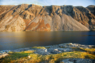 Scenic view of lake and mountains against sky