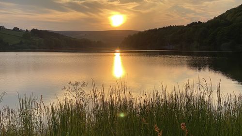 Scenic view of lake against sky during sunset