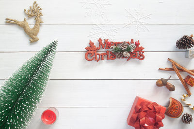 High angle view of christmas decorations on table