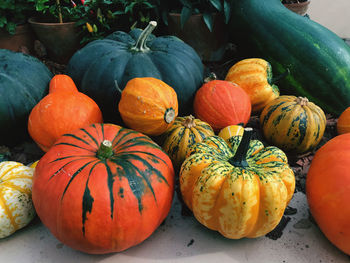 High angle view of pumpkins for sale at market