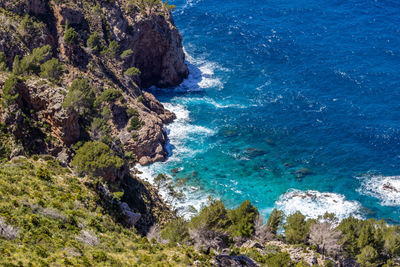 High angle view of rocks on beach