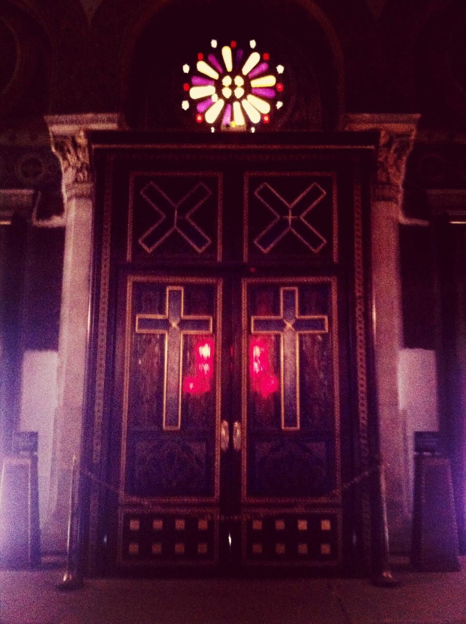 religion, place of worship, spirituality, church, illuminated, architecture, red, built structure, indoors, building exterior, ornate, door, decoration, entrance, night, window, temple - building, cathedral