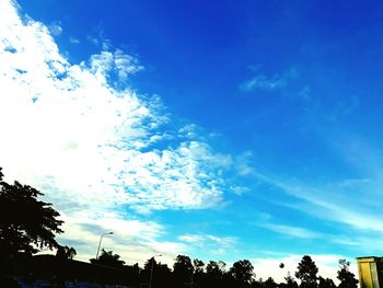 Low angle view of silhouette trees against blue sky