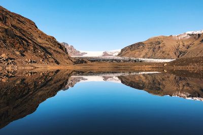 Scenic view of lake and mountains against clear blue sky