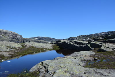 Scenic view of mountains against clear blue sky