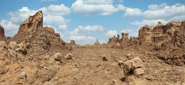 Panoramic view of rock formations against sky