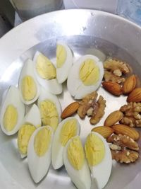 High angle view of fruits in plate on table