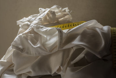 High angle view of white paper on table