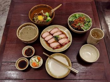High angle view of food served on table