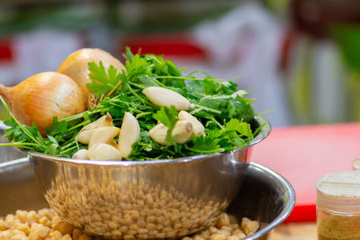 Close-up of salad in bowl on table