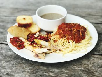 Close-up of meal served in plate on table