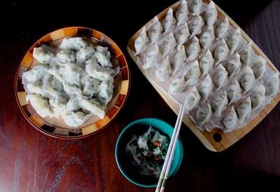 High angle view of chinese dumplings on table