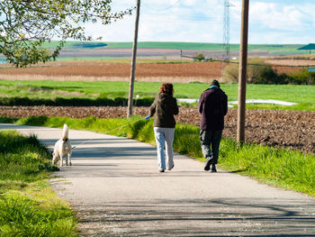 Rear view of people walking on footpath