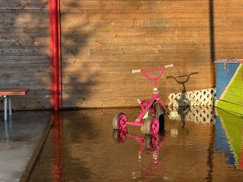 High angle view of girl holding pink umbrella on wood