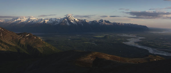 Scenic view of snowcapped mountains against sky