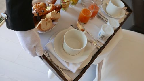 Breakfast on serving tray in hotel