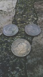 Close-up high angle view of coins
