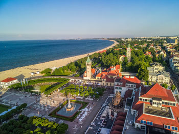 High angle view of buildings and sea against sky
