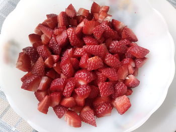 High angle view of strawberries in plate