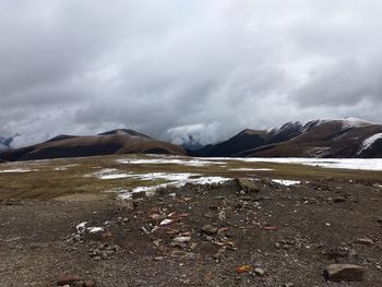 Scenic view of snow capped mountains against sky