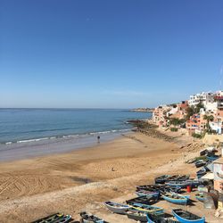 Scenic view of beach against clear blue sky