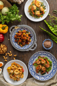 High angle view of meal served on table