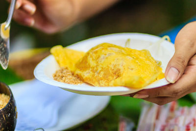 Close-up of hand holding ice cream in plate