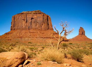 Rock formations in desert against clear blue sky