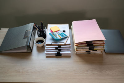 High angle view of books on table